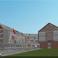 Modern School Building With Red Gray Exterior Red Flag Green Lawn Trees And Students Playing