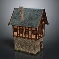 Traditional Timber Frame 3D House Model With Stone Walls Tiled Roof And Chimney