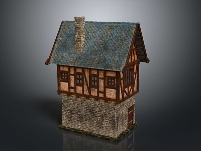 Traditional Timber Frame 3D House Model With Stone Walls Tiled Roof And Chimney 3d model