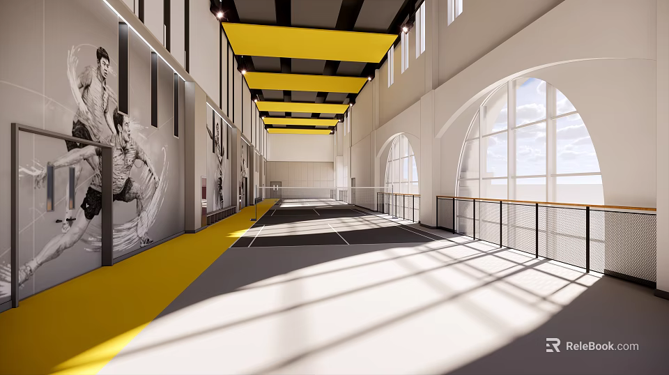 Bright Indoor Sports Fitness Corridor With Yellow Ceiling Beams Black And White Athletic Murals 3d model 