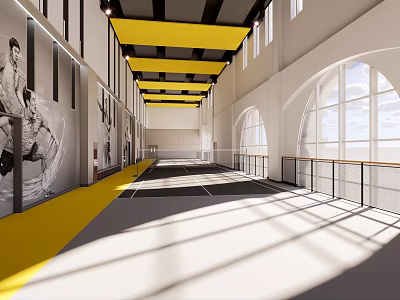 Bright Indoor Sports Fitness Corridor With Yellow Ceiling Beams Black And White Athletic Murals 3d model