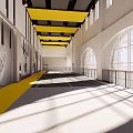 Bright Indoor Sports Fitness Corridor With Yellow Ceiling Beams Black And White Athletic Murals
