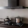 Modern Kitchen Appliances With Range Hood Gas Stove Pots And Green Plant