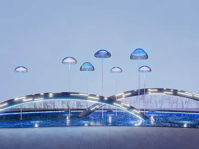 Illuminated Landscape Sculpture With Blue Umbrella Shaped Structures And Arched Bridge Over Water Pool 3d model
