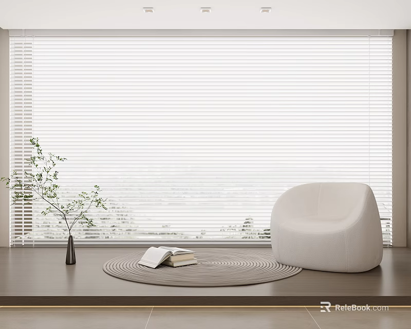 White Window Blinds In Modern Interior With Armchair Vase Books And Round Rug 3d model 