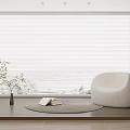 White Window Blinds In Modern Interior With Armchair Vase Books And Round Rug