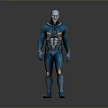 Futuristic Humanoid Character in Blue and Gold Tight Suit with Intricate Patterns and Metallic Accents