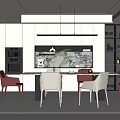 Modern Dining Room Interior With White And Red Chairs Dining Table Marble Backsplash Hanging Lights