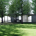 Modern Outdoor Glass Pavilion With Black Roof Surrounded by Trees and Green Lawn