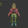 Mythical Character And Armored Creature With Intricate Spiked Armor Ornate Headpiece Blue Orange Accents