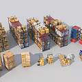 Multi Layered Storage Racks Loaded With Stacked Boxes In Warehouse Setting With Mobile Trolleys 3d model