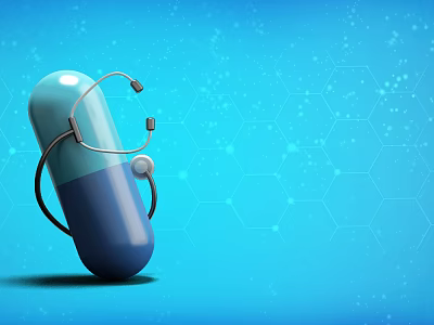 3D Rendering of Medical Devices Capsule Shaped Object With Stethoscope On Blue Background 3d model