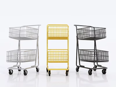 Public Facility Shopping Carts In Silver Yellow Black Metal Frame Multi Layer Basket With Wheels 3d model