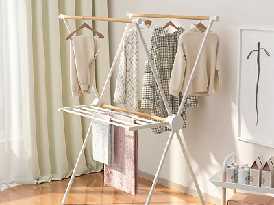 Indoor Clothes Drying Rack With Hanging Clothes Curtain And Wall Art 3d model