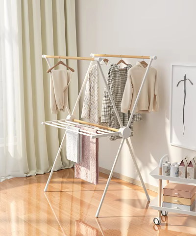 Indoor Clothes Drying Rack With Hanging Clothes Curtain And Wall Art 3d model