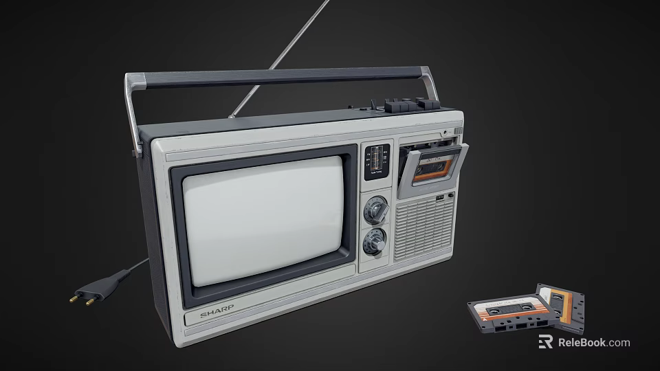 Vintage Portable Audio Radio Cassette Player With Screen Knobs Handle And Cassette Tape 3d model 