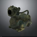 Ancient Bronze Mythical Beast Sculpture With Open Mouth And Curled Tail