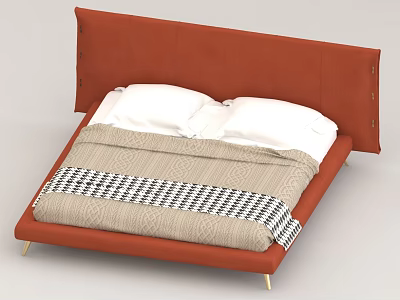 Modern Double Bed With Orange Headboard White Pillows Geometric Bedspread And Gold Legs 3d model