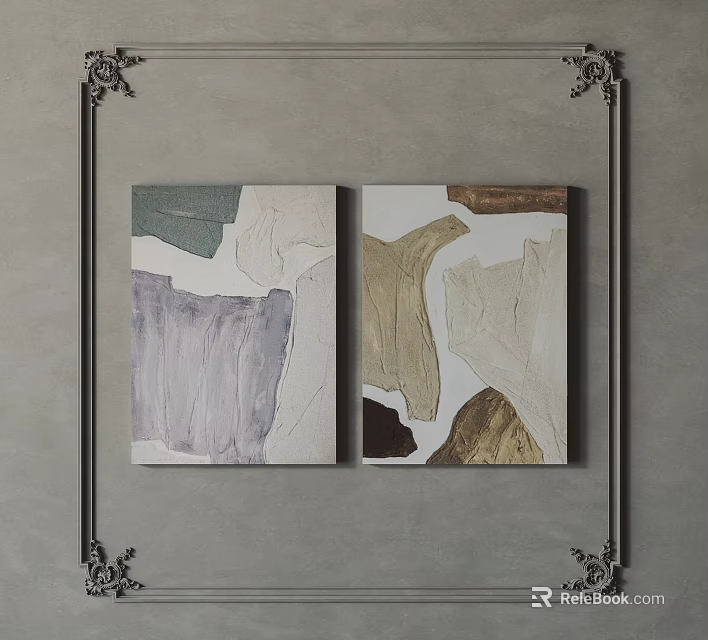 Two Abstract Paintings With Colorful Textures On Gray Wall And Ornate Frames 3d model