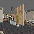 Modern Specialty Store Interior with Shelves Products Checkout Counter Stone Wall and Plants