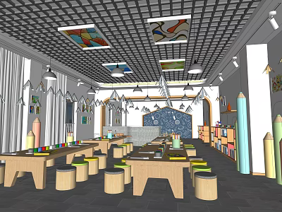 Colorful Kindergarten Classroom Interior with Wooden Tables Stools Bookshelves and Ceiling Art 3d model