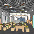 Colorful Kindergarten Classroom Interior with Wooden Tables Stools Bookshelves and Ceiling Art