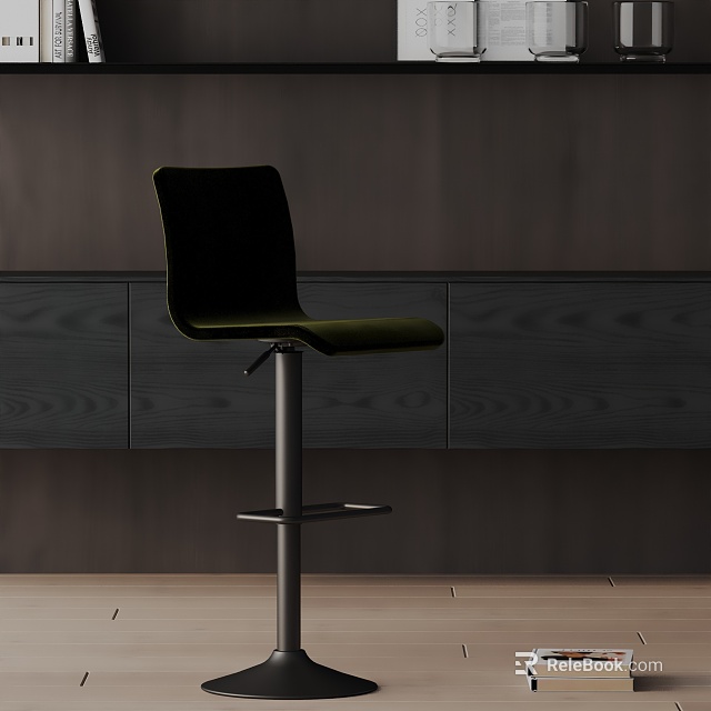 Modern Black Bar Stool With Velvet Upholstery And Metal Frame Against Dark Wooden Cabinets 3d model 