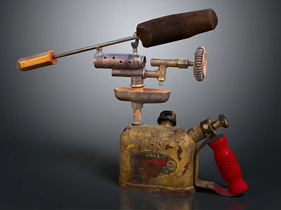 Vintage Blowtorch Featuring Metal Body Wooden Handle Red Nozzle And Rusty Design 3d model