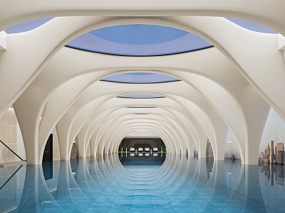 Modern Swimming Pool With Arched Design Skylights And Blue Water Reflections 3d model