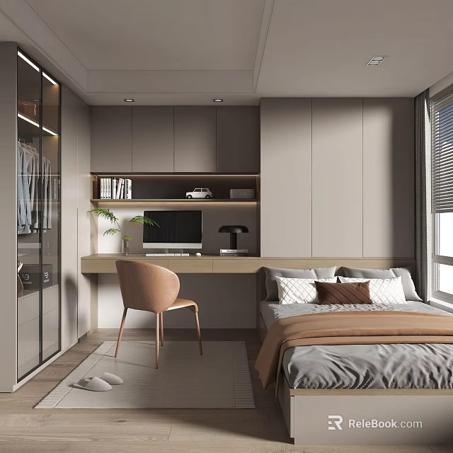 Modern Tatami Bedroom Interior Design With Bed Desk Chair Bookshelf And Window 3d model 