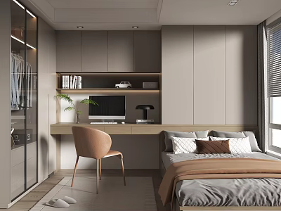 Modern Tatami Bedroom Interior Design With Bed Desk Chair Bookshelf And Window 3d model