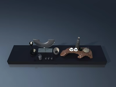 Curved Gray Object Small Black Cylinders Brown Tray with White Items on Black Platform 3d model