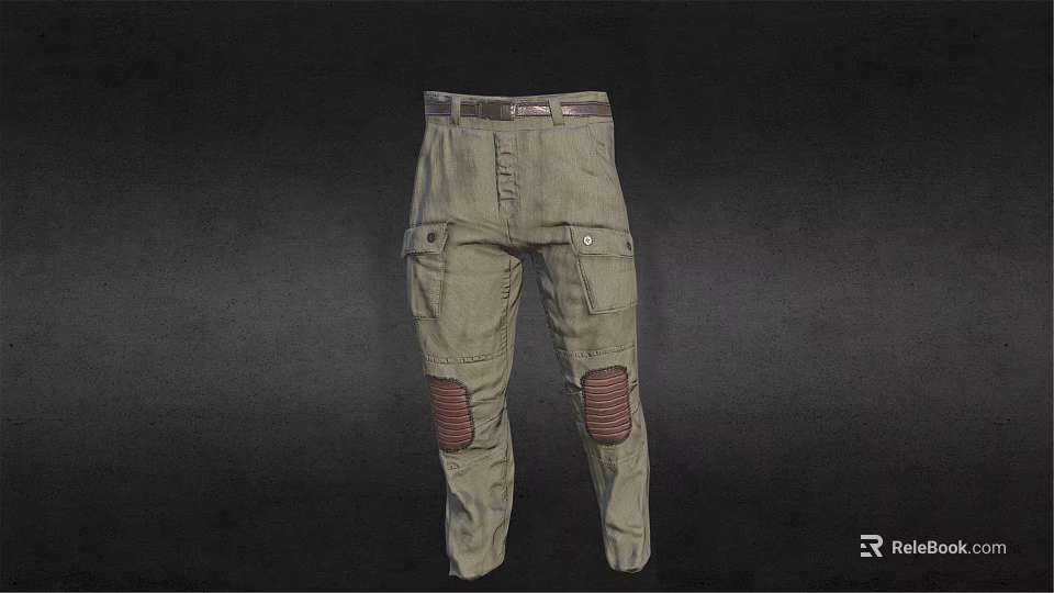 Khaki Cargo Pants Belted Design With Brown Knee Patches And Multiple Pockets 3d model