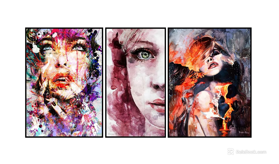Three Vibrant Figure Paintings With Watercolor Flame And Colorful Portrait Artwork 3d model 