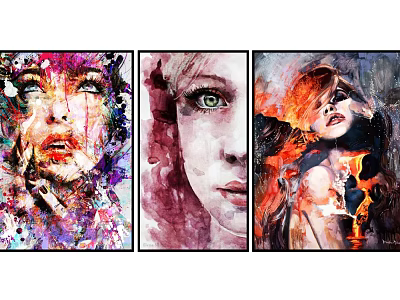 Three Vibrant Figure Paintings With Watercolor Flame And Colorful Portrait Artwork 3d model
