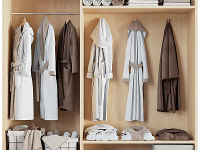 Neatly Arranged Wooden Wardrobe With Hanging Colorful Robes And Folded Towels 3d model
