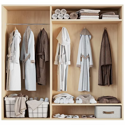 Neatly Arranged Wooden Wardrobe With Hanging Colorful Robes And Folded Towels 3d model