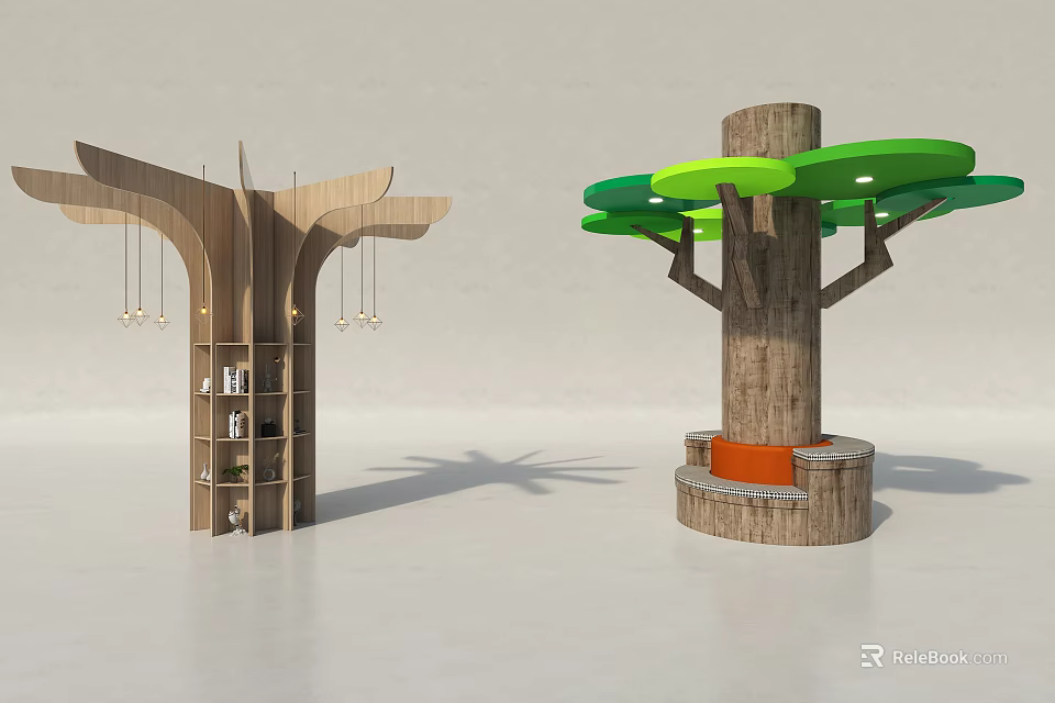 Wooden Tree Shaped Columns Interior Design With Bookshelf Hanging Lights Green Canopy And Orange Seat 3d model 