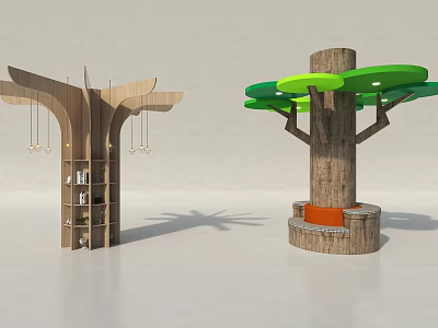 Wooden Tree Shaped Columns Interior Design With Bookshelf Hanging Lights Green Canopy And Orange Seat 3d model