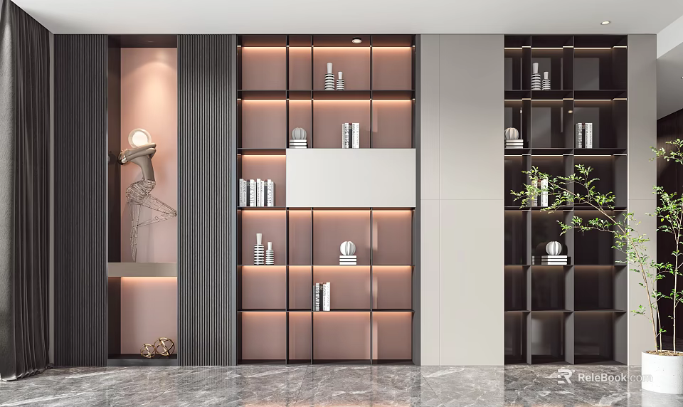 Modern Bookcase With Open Layered Shelves Integrated Lighting And Decorative Items 3d model 