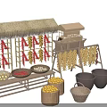Traditional Garden Decorations With Straw Awning Hanging Chili And Corn Wooden Cart Baskets Clay Pots