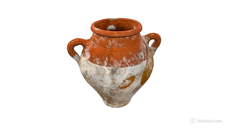 Vintage Ceramic Jar With Two Handles And Reddish Brown White Weathered Surface 3d model
