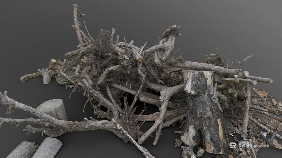 Pile of Dry Plant Roots and Branches With Wooden Stumps in Natural Setting 3d model 