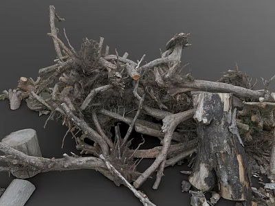 Pile of Dry Plant Roots and Branches With Wooden Stumps in Natural Setting 3d model