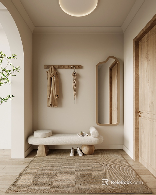 Minimalist Entryway With Console Table Side Cabinet Mirror Bench And Shoes 3d model 