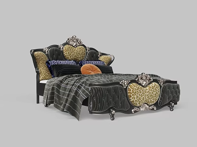 Luxury European Style Double Bed With Ornate Carvings Leopard Print Accents And Decorative Pillows 3d model