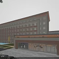 Modern Multi Story Building With Glass Facade Entrance Landscaping And People