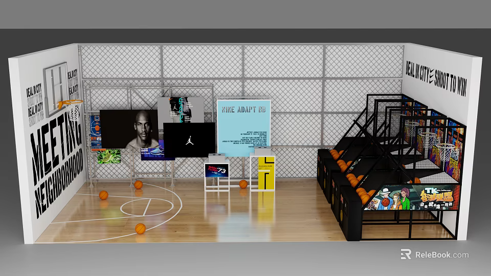 Indoor Basketball Court Featuring Wooden Floor Orange Basketball Balls Display Racks And Wall Posters 3d model 