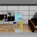 Indoor Basketball Court Featuring Wooden Floor Orange Basketball Balls Display Racks And Wall Posters