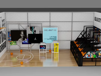Indoor Basketball Court Featuring Wooden Floor Orange Basketball Balls Display Racks And Wall Posters 3d model